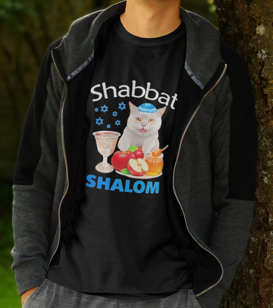 Shabbat Shalom Cat With Kippah Apples Honey And Wine Cup T-Shirt
