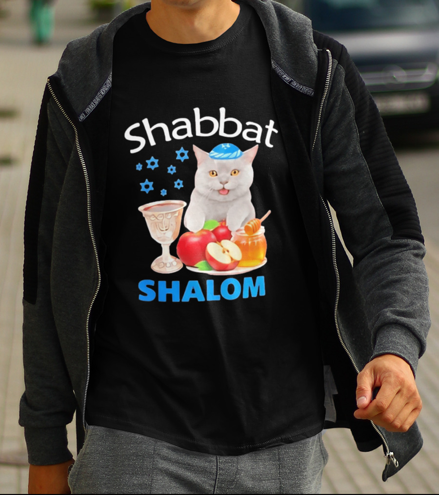 Shabbat Shalom Cat With Kippah Apples Honey And Wine Cup T-Shirt