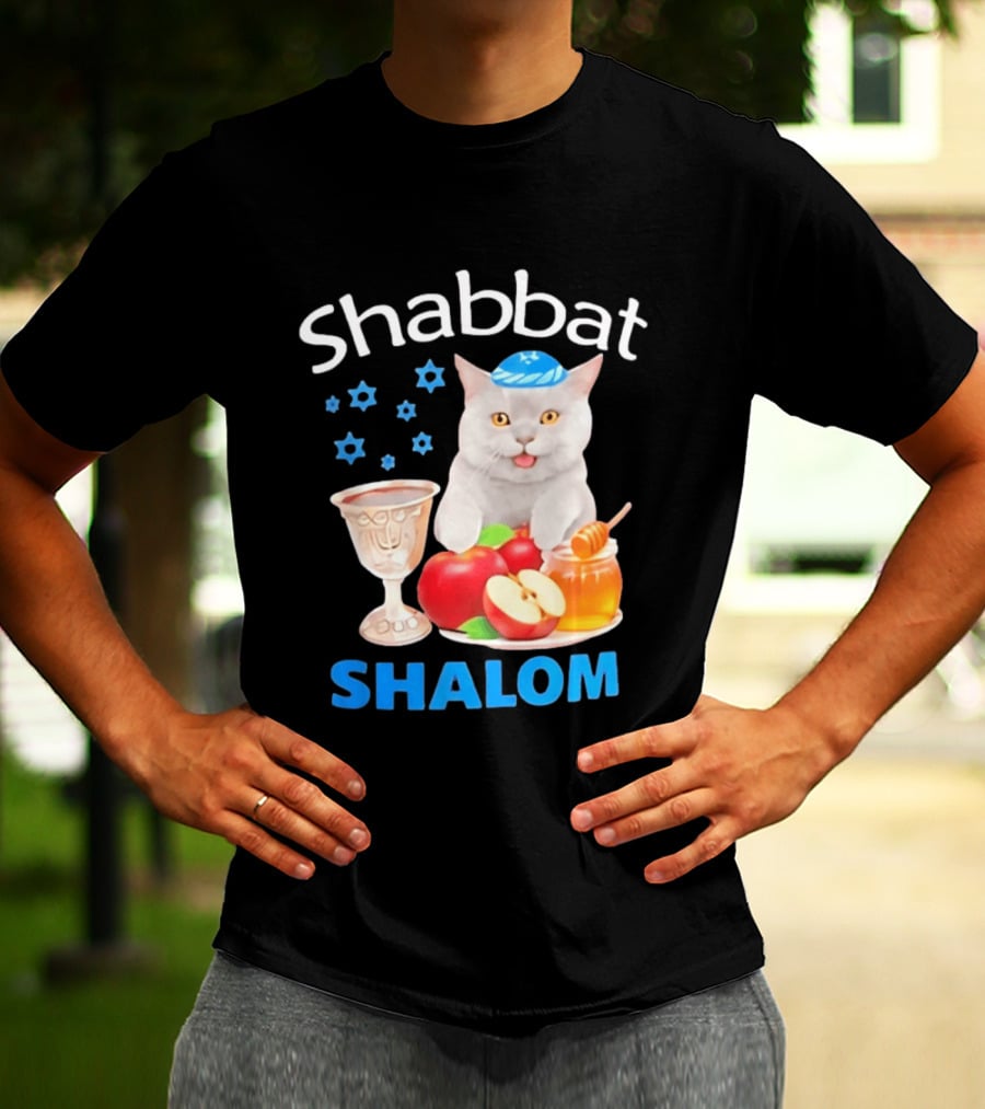 Shabbat Shalom Cat With Kippah Apples Honey And Wine Cup T-Shirt