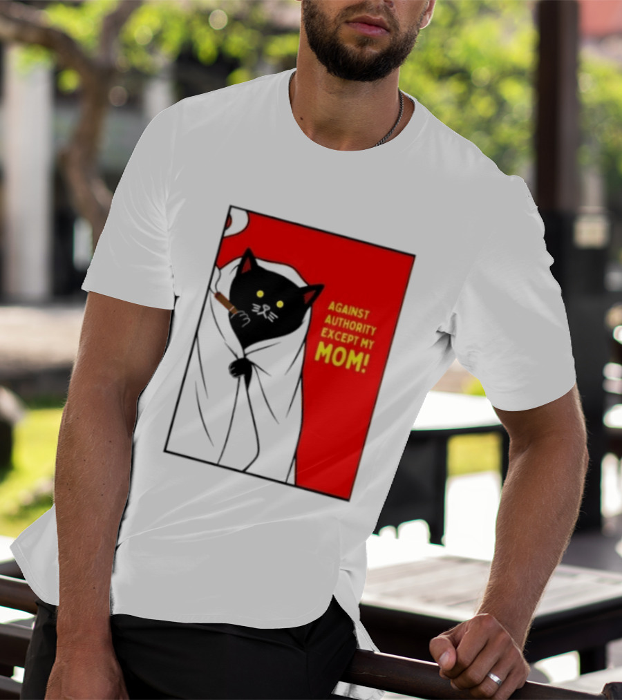 Black Cat Against Authority Except My Mom Smoking Cloaked Yellow Eyes Red T-Shirt