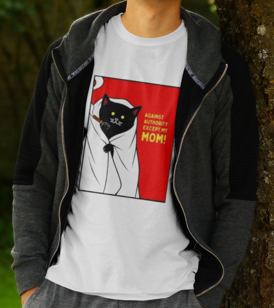 Black Cat Against Authority Except My Mom Smoking Cloaked Yellow Eyes Red T-Shirt