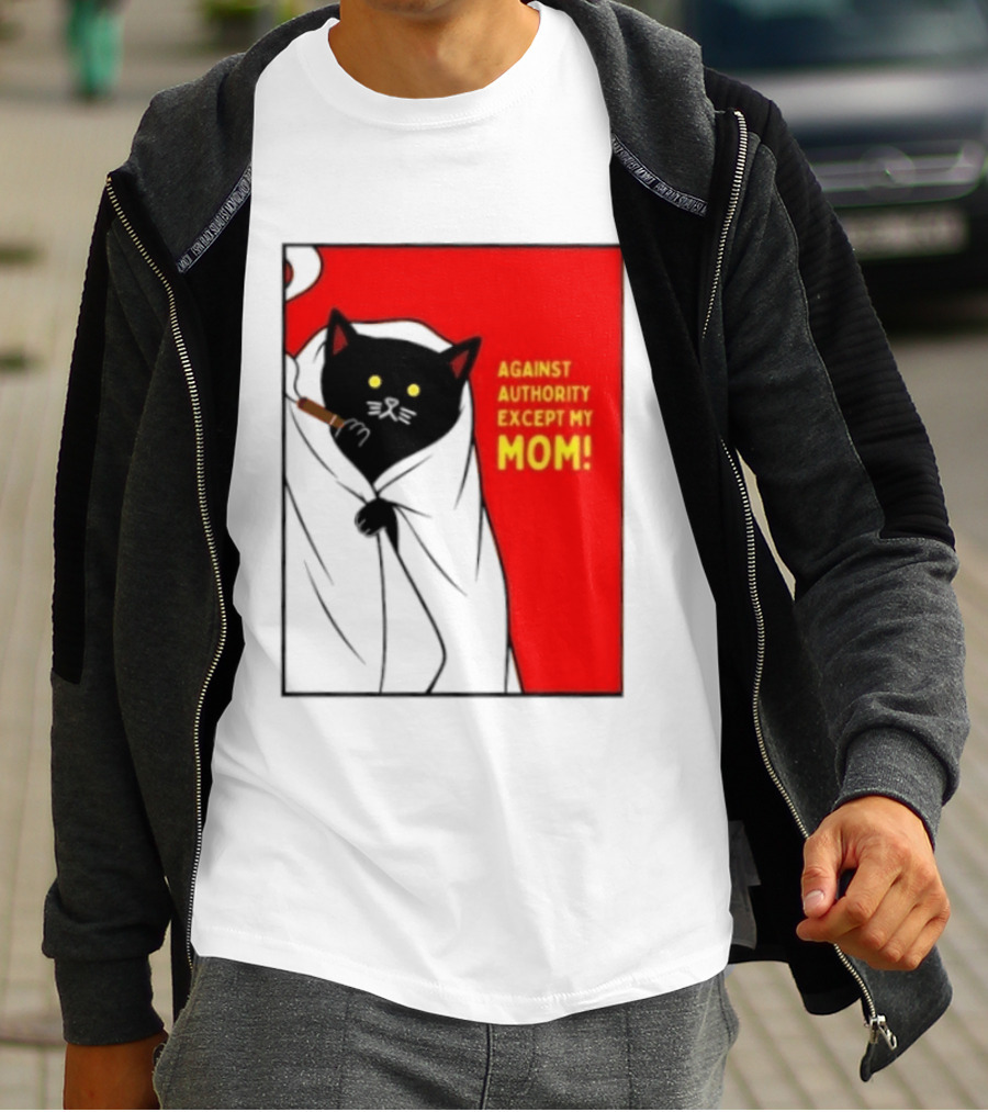 Black Cat Against Authority Except My Mom Smoking Cloaked Yellow Eyes Red T-Shirt