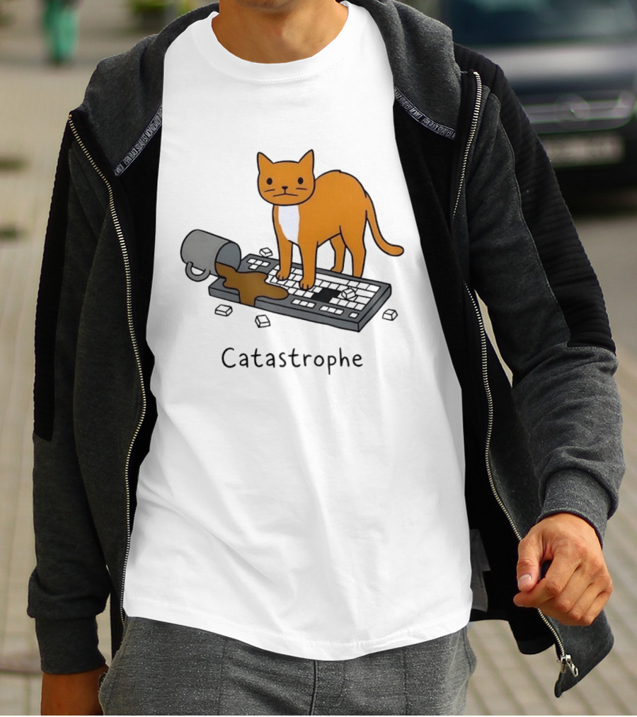Catastrophe Orange Cat Spilling Coffee On Keyboard T-Shirt