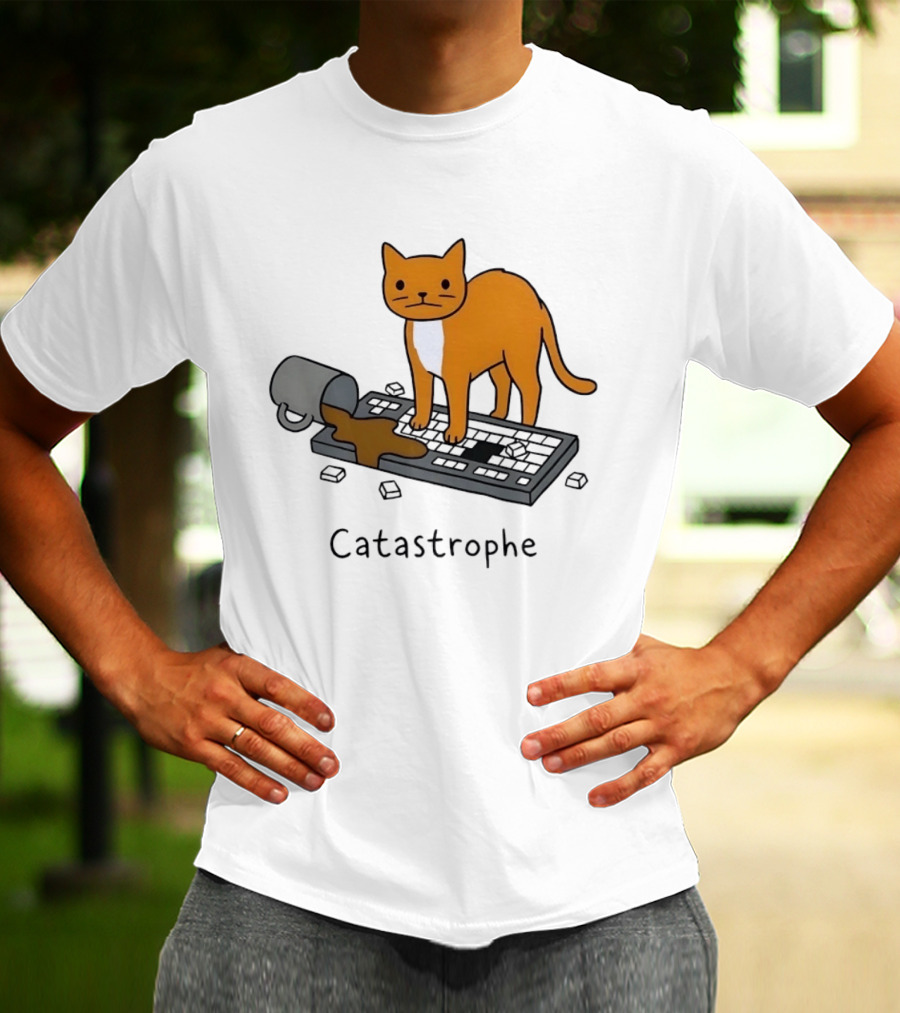 Catastrophe Orange Cat Spilling Coffee On Keyboard T-Shirt