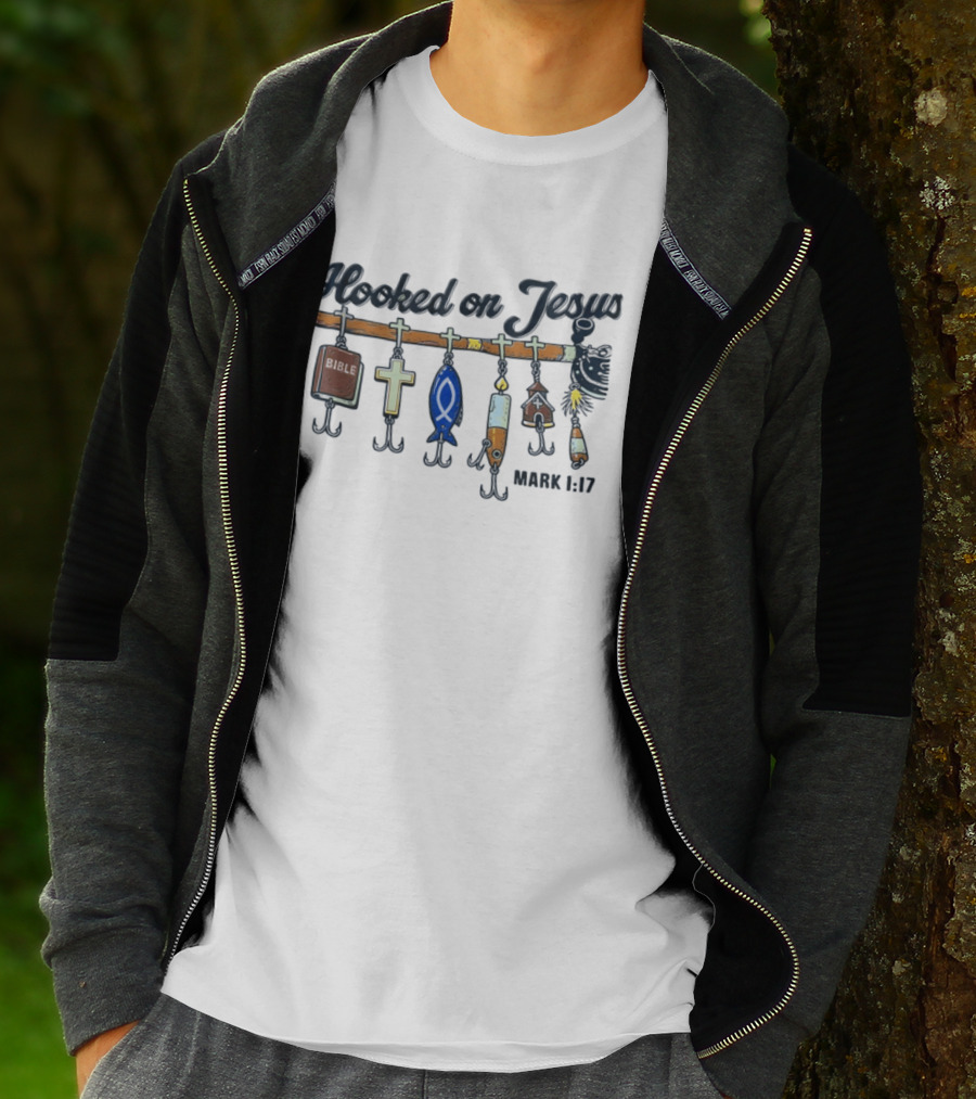 Hooked On Jesus Mark 1:17 Bible Cross Fish T-Shirt