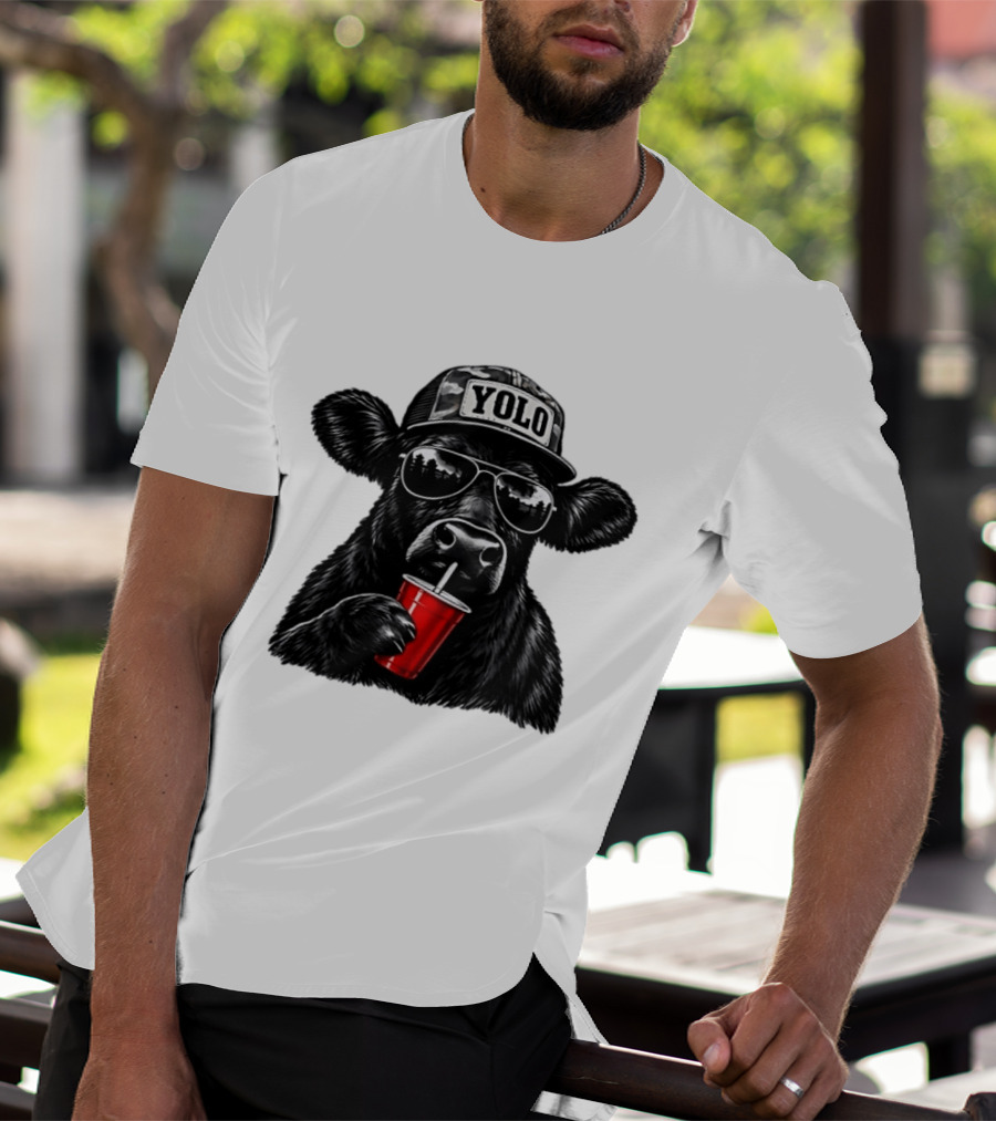 Cow With Yolo Camo Hat Sunglasses Red Cup T-Shirt