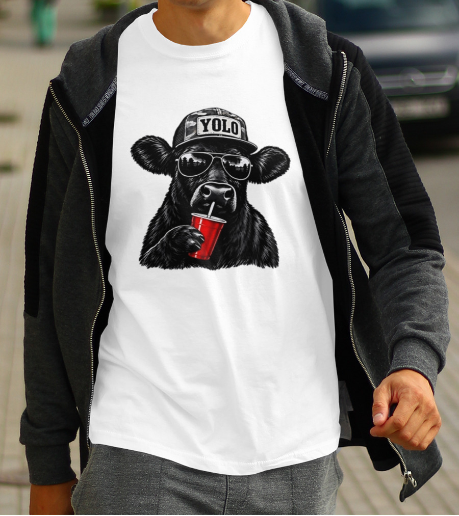 Cow With Yolo Camo Hat Sunglasses Red Cup T-Shirt