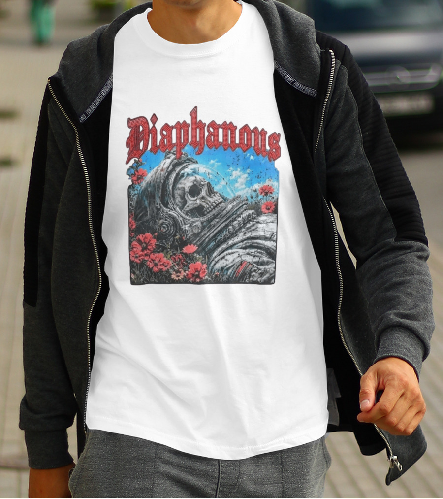 Diaphanous Distressed Skull Astronaut In Flowers With Cosmic T-Shirt