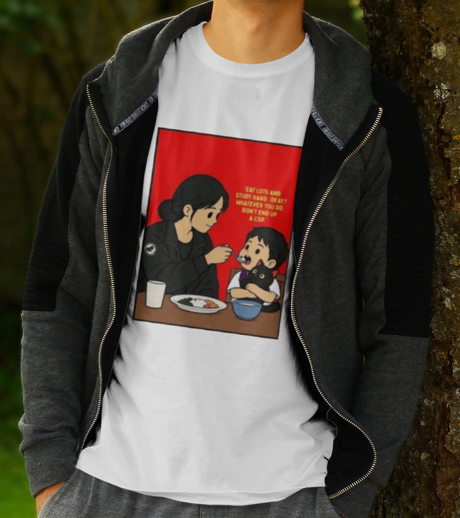 Eat Lots Study Hard Don't End Up A Cop Mother Feeding Child With Black Cat And Red T-Shirt