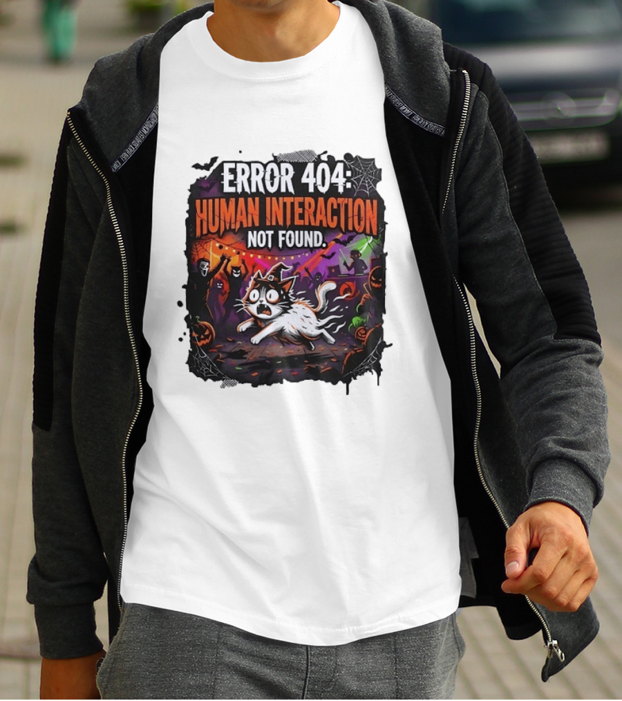 Error 404 Human Interaction Not Found Halloween Cat Spooky Party Scene T-Shirt