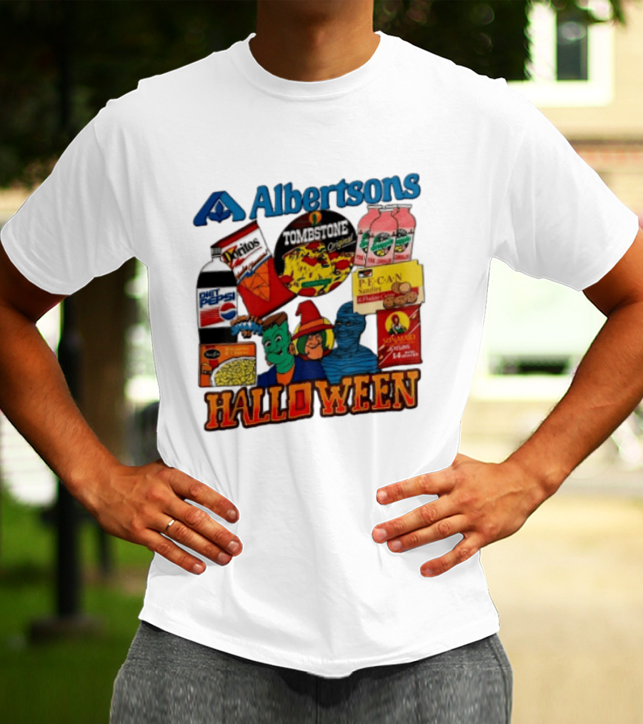 Albertsons Halloween Frankenstein Witch Mummy Featuring Diet Pepsi Doritos Tombstone Pizza T-Shirt