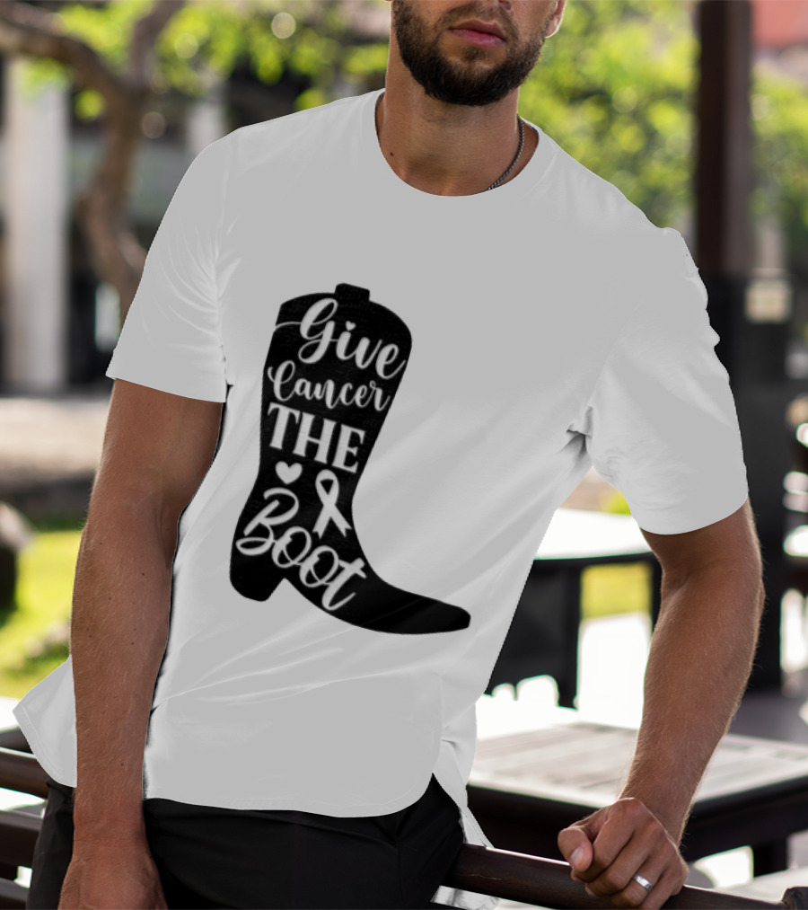 Give Cancer The Boot Awareness Ribbon Western Cowboy Boot T-Shirt