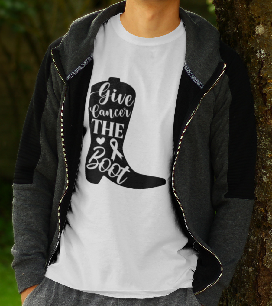 Give Cancer The Boot Awareness Ribbon Western Cowboy Boot T-Shirt