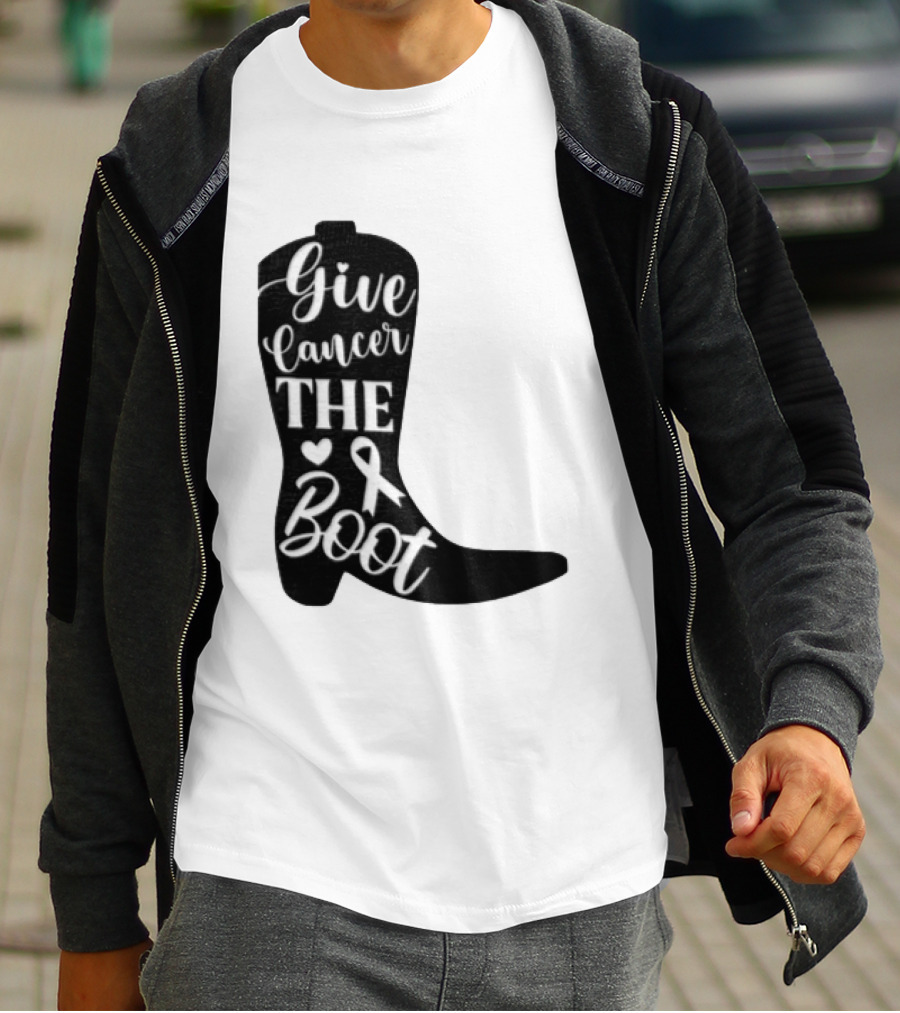 Give Cancer The Boot Awareness Ribbon Western Cowboy Boot T-Shirt