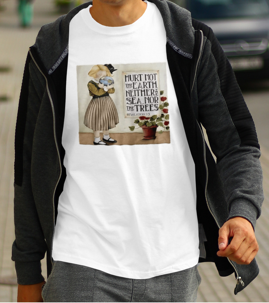 Hurt Not The Earth Revelation 7:3 Vintage Girl Holding Globe Environmental Protection T-Shirt