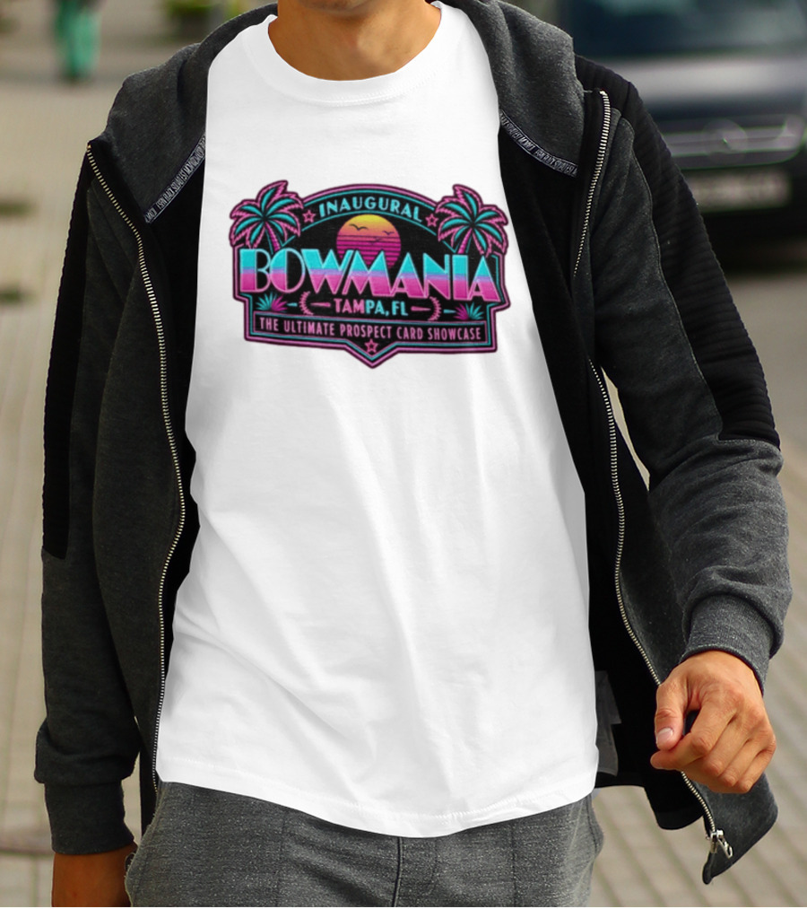 Inaugural Bowmania Tampa FL The Ultimate Prospect Card Showcase Retro Sunset Palm Trees T-Shirt