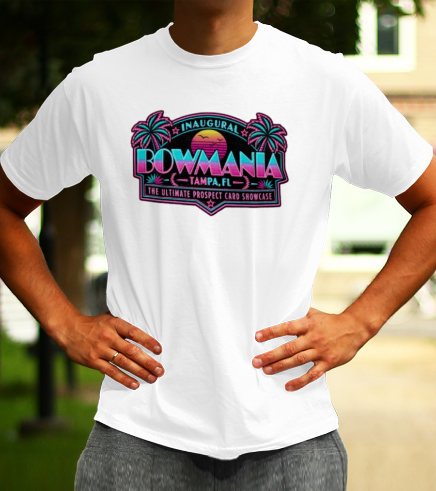 Inaugural Bowmania Tampa FL The Ultimate Prospect Card Showcase Retro Sunset Palm Trees T-Shirt