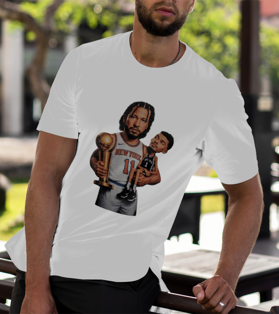 New York Knicks Jalen Brunson Embraces San Antonio Spurs Victor Wembanyama NBA Trophy T-Shirt