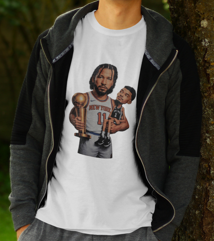 New York Knicks Jalen Brunson Embraces San Antonio Spurs Victor Wembanyama NBA Trophy T-Shirt