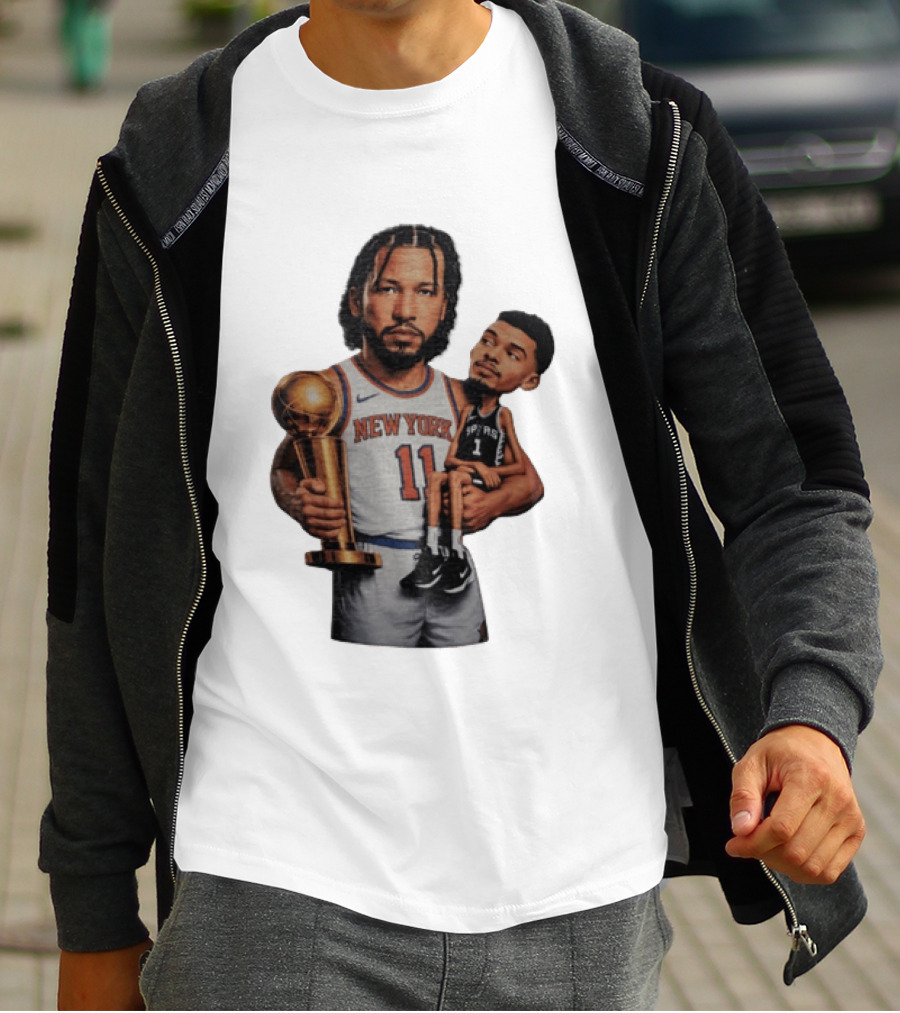 New York Knicks Jalen Brunson Embraces San Antonio Spurs Victor Wembanyama NBA Trophy T-Shirt