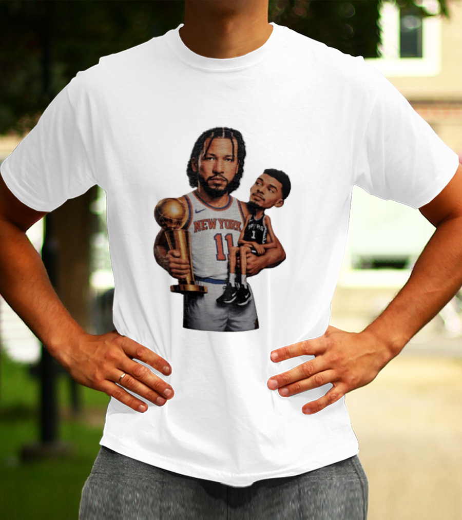 New York Knicks Jalen Brunson Embraces San Antonio Spurs Victor Wembanyama NBA Trophy T-Shirt