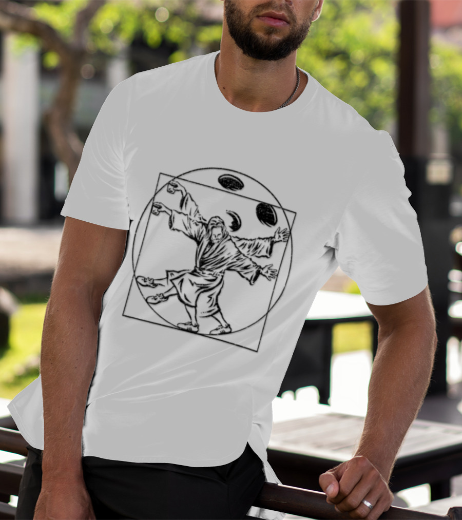 Jesus Christ Vitruvian Man Juggling Coffee And Whiskey Beans T-Shirt