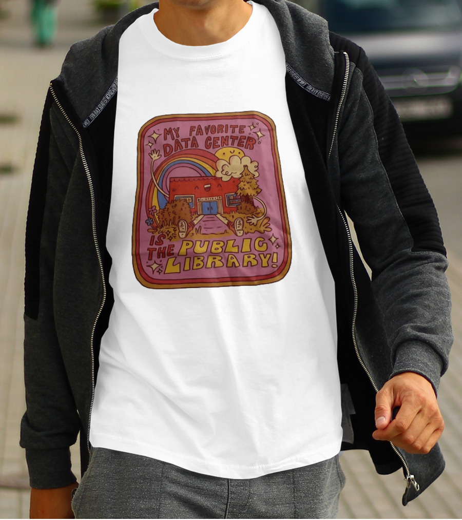 My Favorite Data Center Is The Public Library Rainbow Cartoon Library Scene T-Shirt