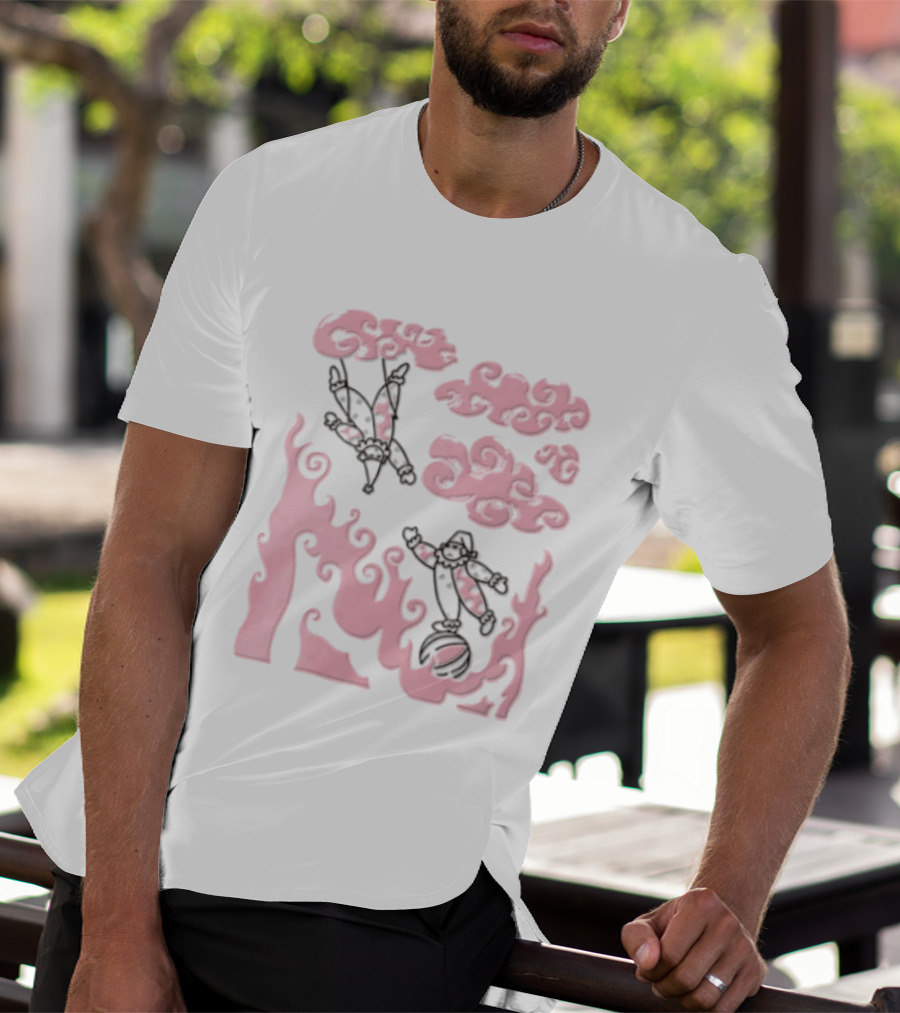 Pink Pastel Cartoon Circus Clowns Trapeze Ball Clouds Flames T-Shirt