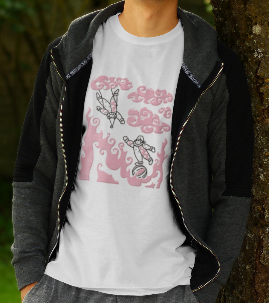 Pink Pastel Cartoon Circus Clowns Trapeze Ball Clouds Flames T-Shirt