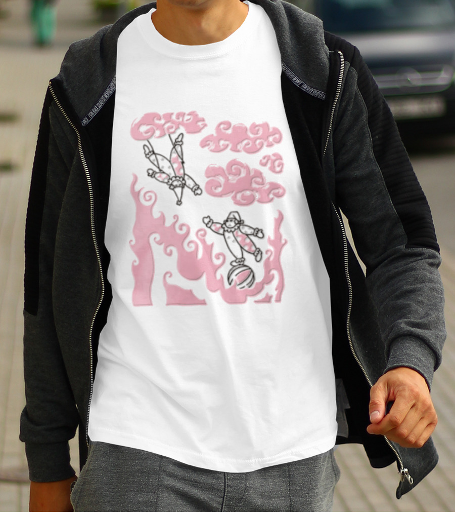 Pink Pastel Cartoon Circus Clowns Trapeze Ball Clouds Flames T-Shirt
