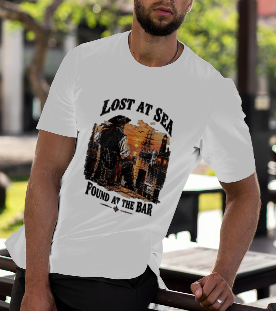 Lost At Sea Found At The Bar Pirate Sunset Tavern Lighthouse Nautical Adventure T-Shirt