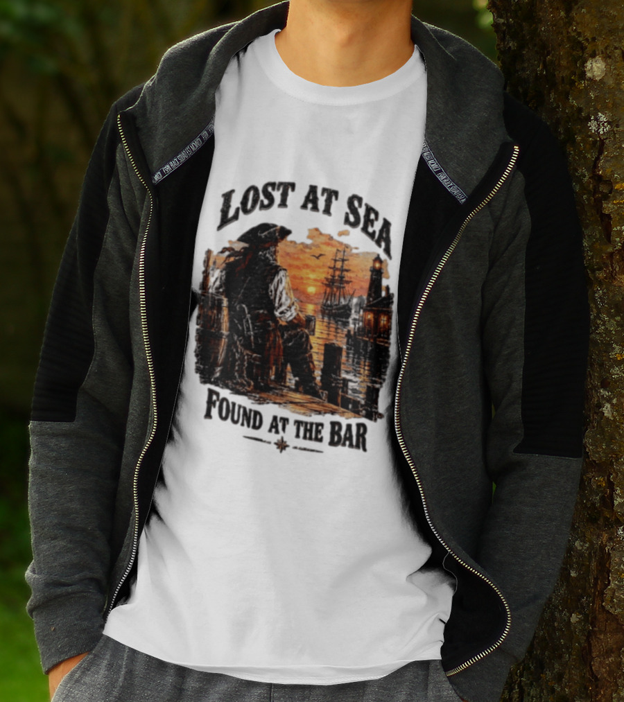 Lost At Sea Found At The Bar Pirate Sunset Tavern Lighthouse Nautical Adventure T-Shirt