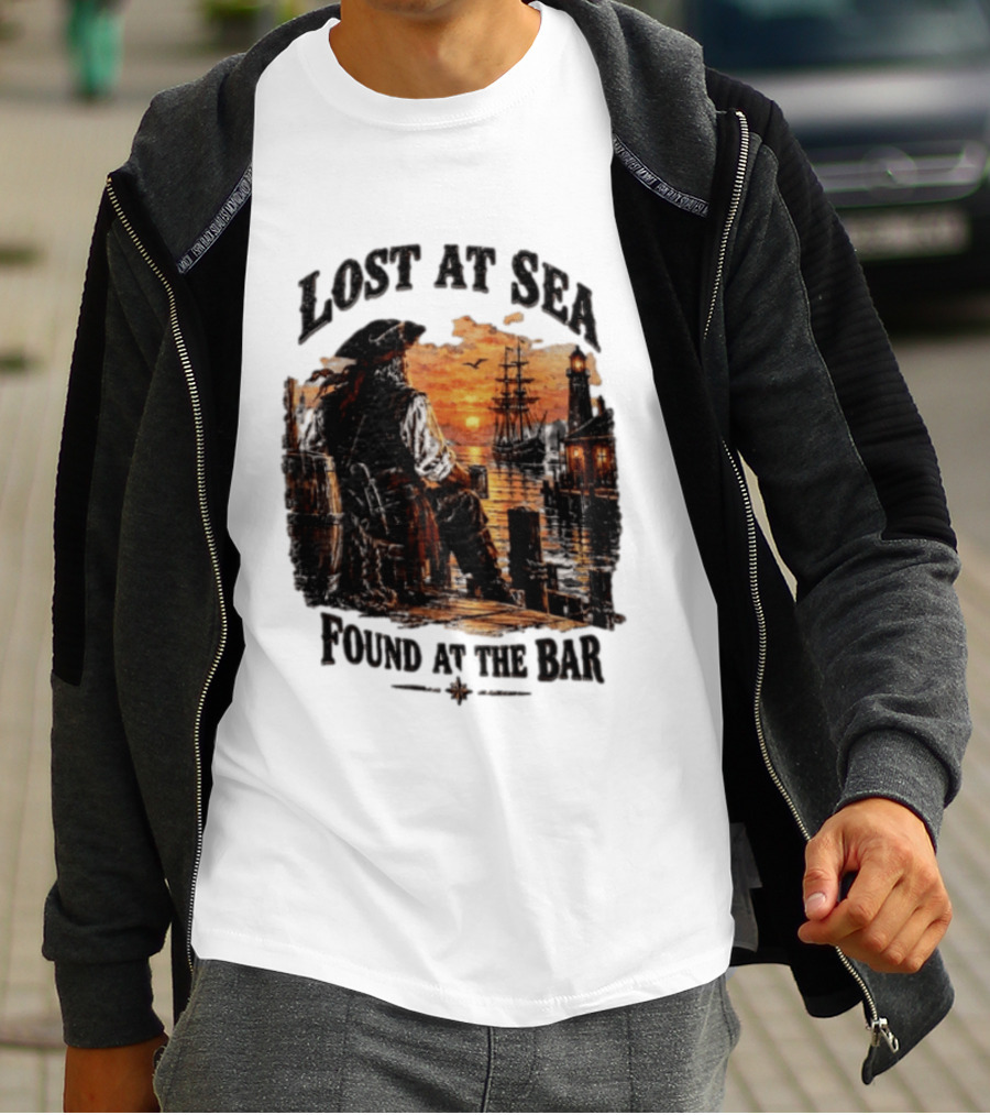 Lost At Sea Found At The Bar Pirate Sunset Tavern Lighthouse Nautical Adventure T-Shirt