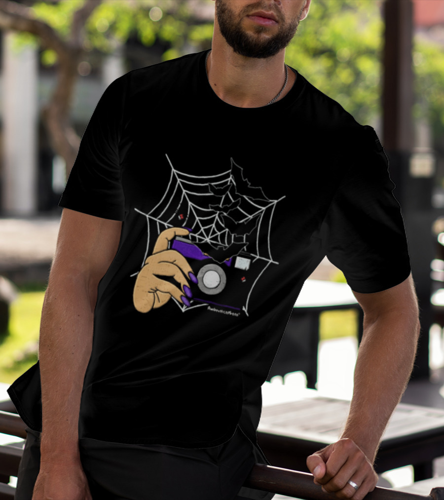 AmberNicoPhoto Camera With Bats And Spider Web Halloween T-Shirt