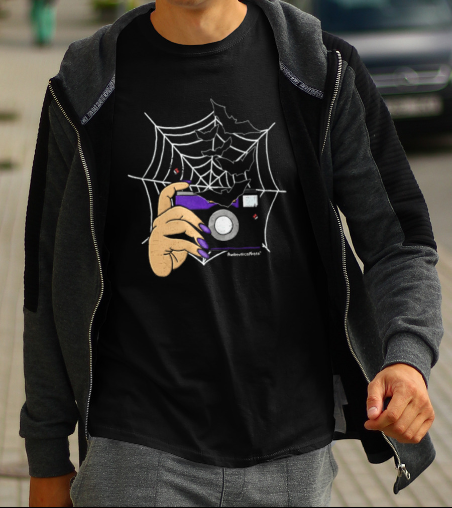 AmberNicoPhoto Camera With Bats And Spider Web Halloween T-Shirt
