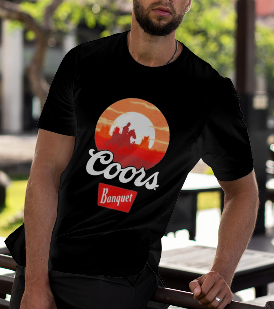 Coors Banquet Cowboy Horseback Riding At Sunset Western Scene T-Shirt