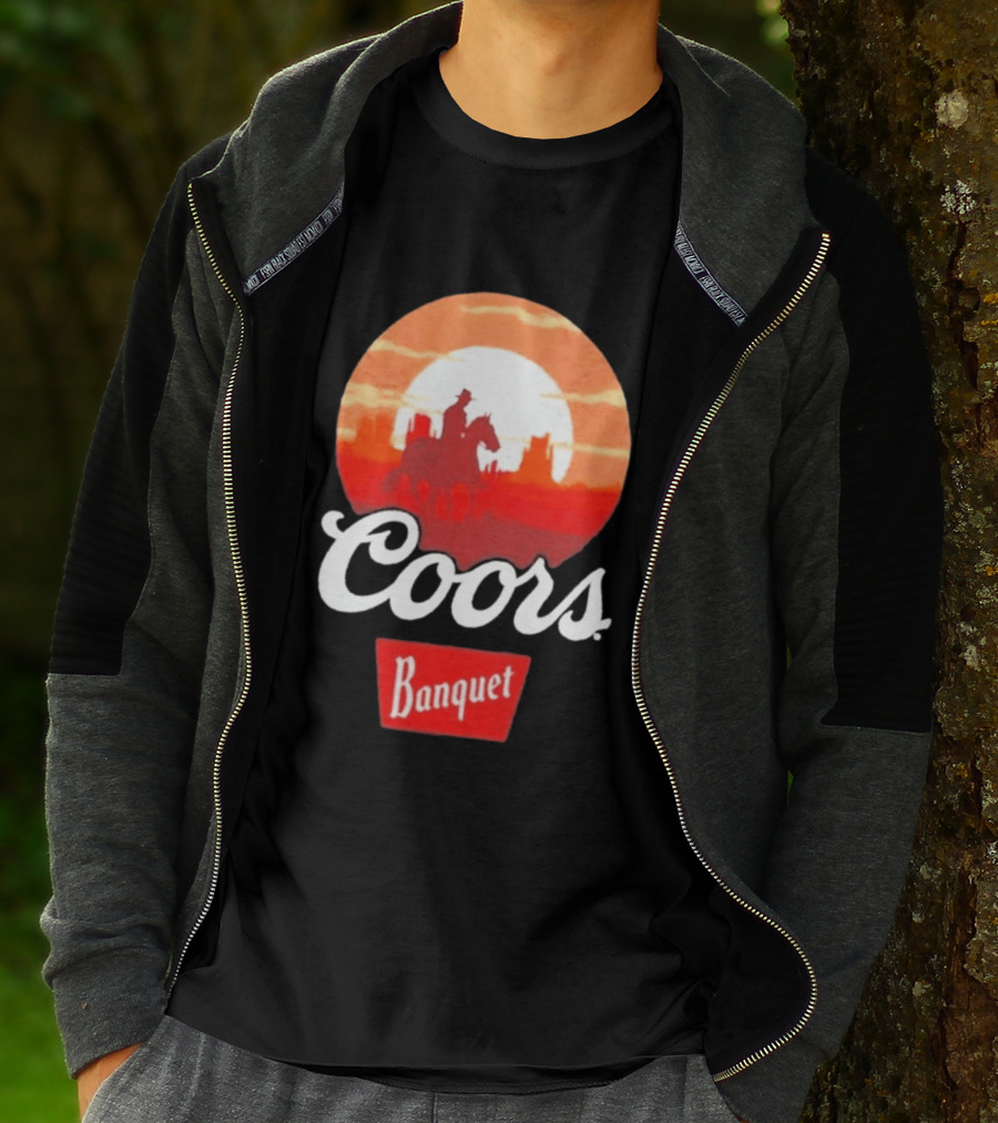 Coors Banquet Cowboy Horseback Riding At Sunset Western Scene T-Shirt