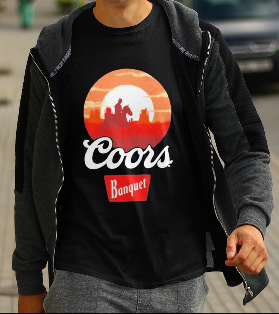 Coors Banquet Cowboy Horseback Riding At Sunset Western Scene T-Shirt