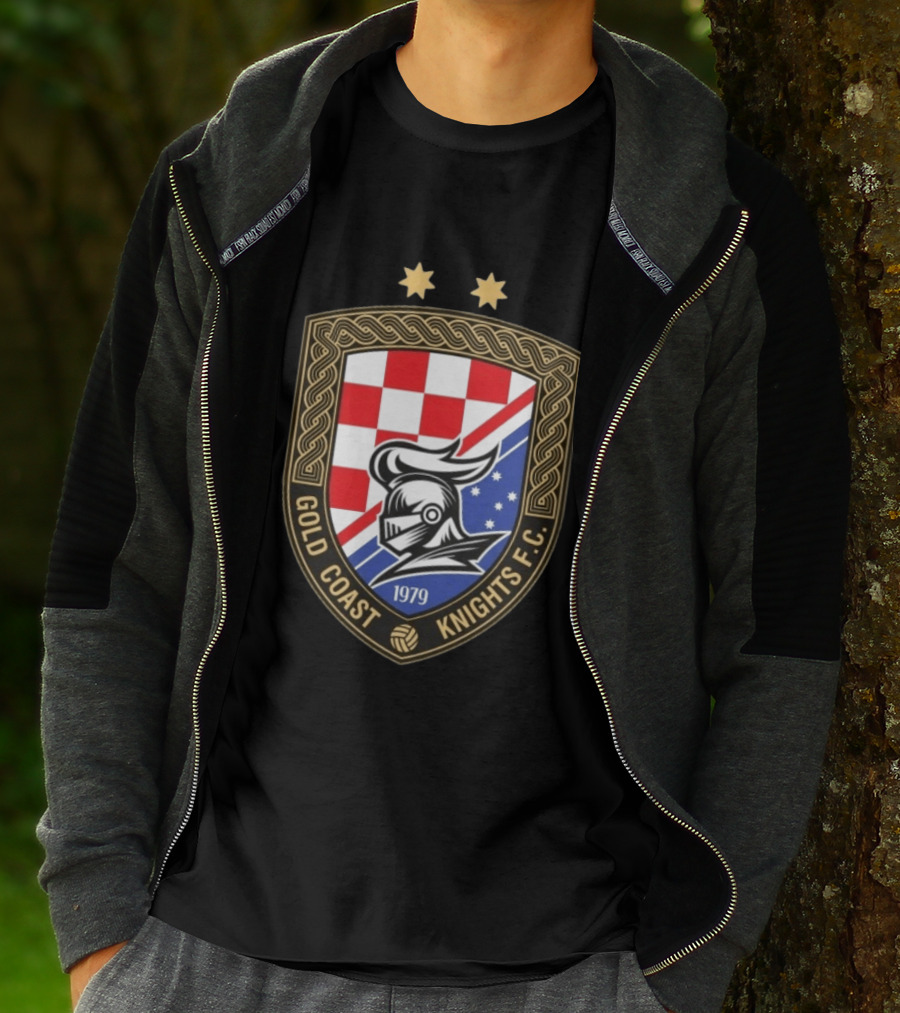 Gold Coast Knights F.C. 1979 Crest With Chessboard Pattern And Knight Helmet T-Shirt