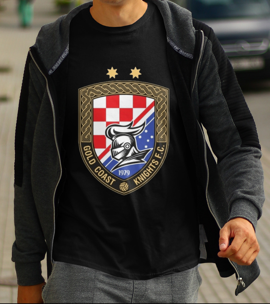 Gold Coast Knights F.C. 1979 Crest With Chessboard Pattern And Knight Helmet T-Shirt