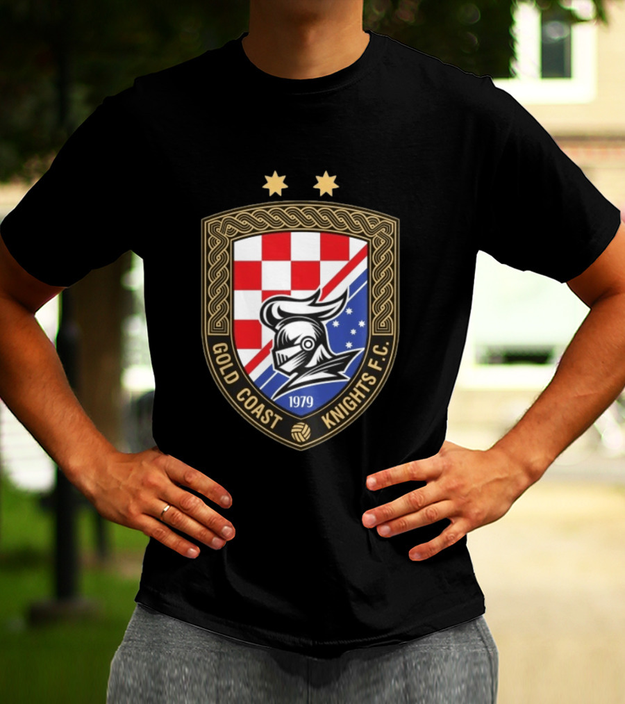 Gold Coast Knights F.C. 1979 Crest With Chessboard Pattern And Knight Helmet T-Shirt