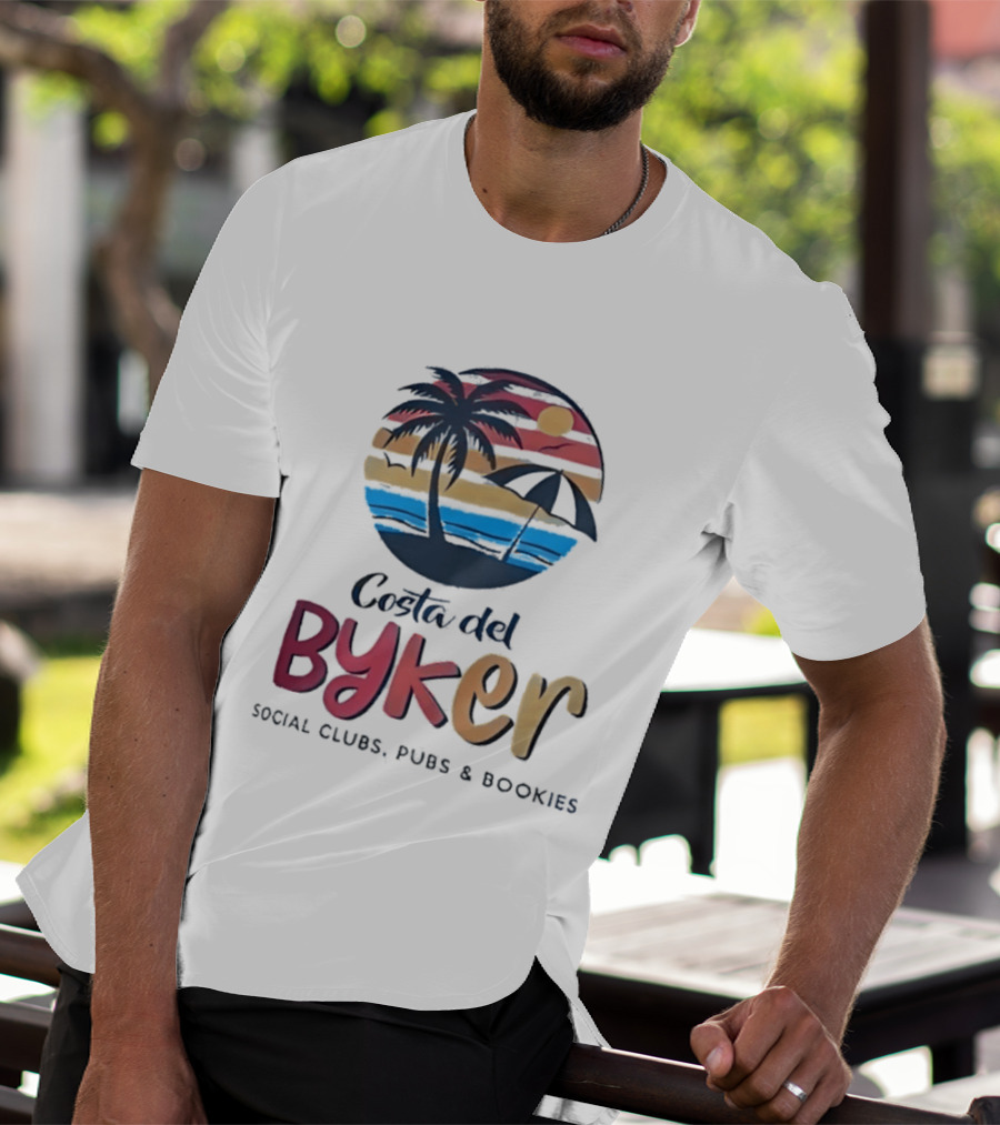 Costa Del Byker Social Clubs Pubs Bookies Palm Tree Sunset Beach Umbrella T-Shirt