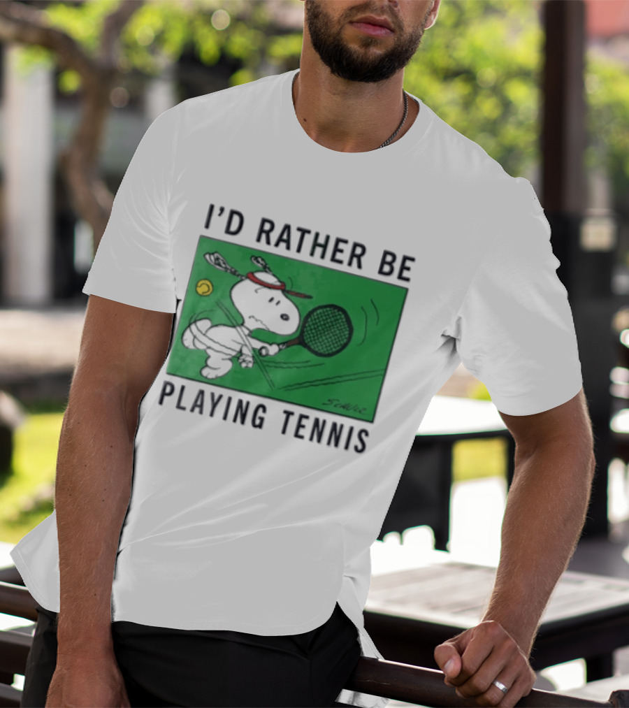 I'd Rather Be Playing Tennis Peanuts Snoopy Racquet Cartoon Green Court Schulz T-Shirt