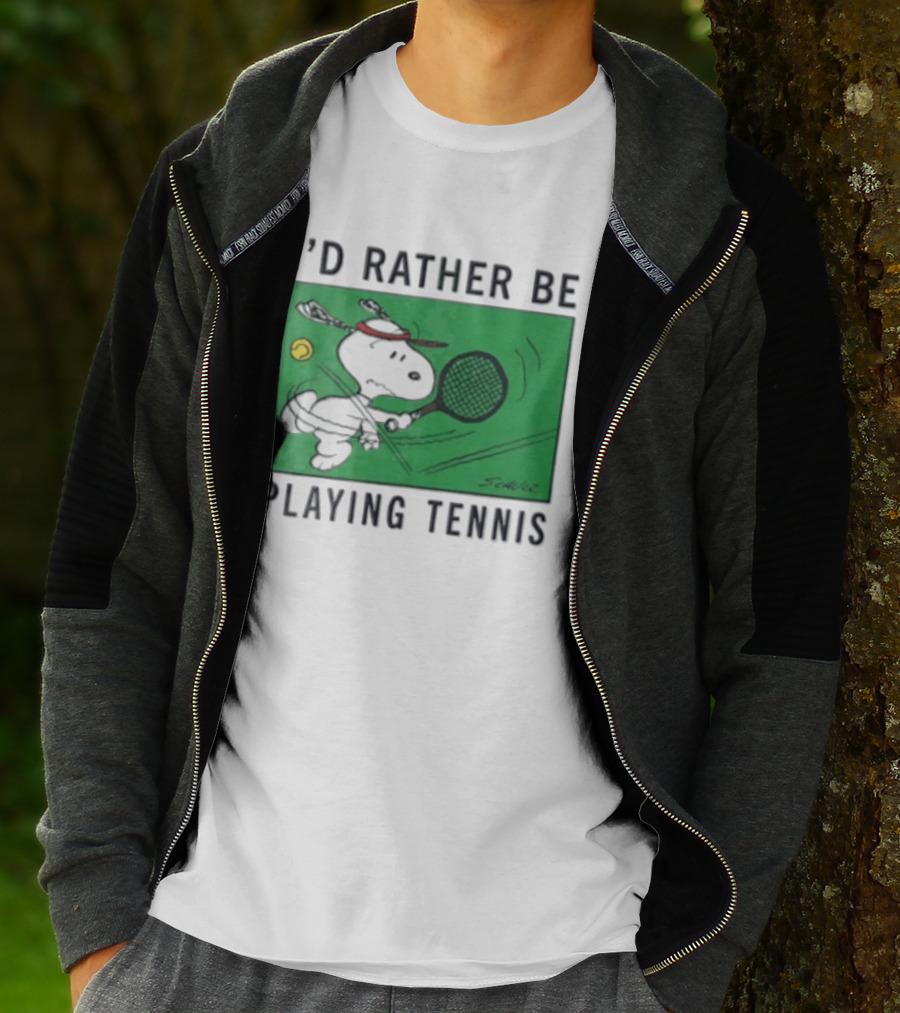 I'd Rather Be Playing Tennis Peanuts Snoopy Racquet Cartoon Green Court Schulz T-Shirt