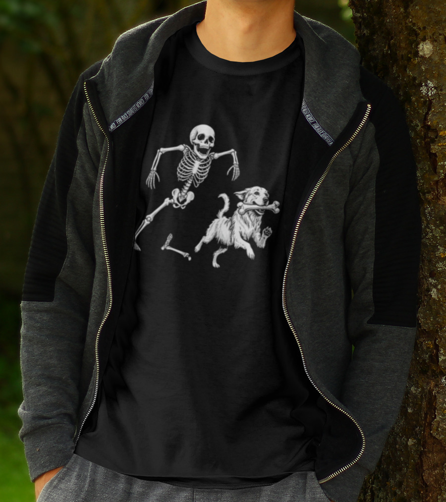 Skeleton Chasing Golden Retriever With Leg Bone T-Shirt