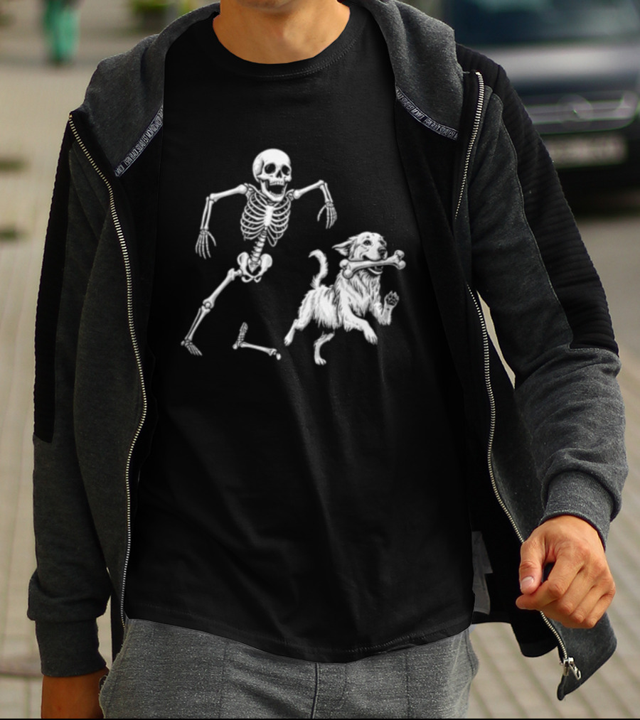 Skeleton Chasing Golden Retriever With Leg Bone T-Shirt