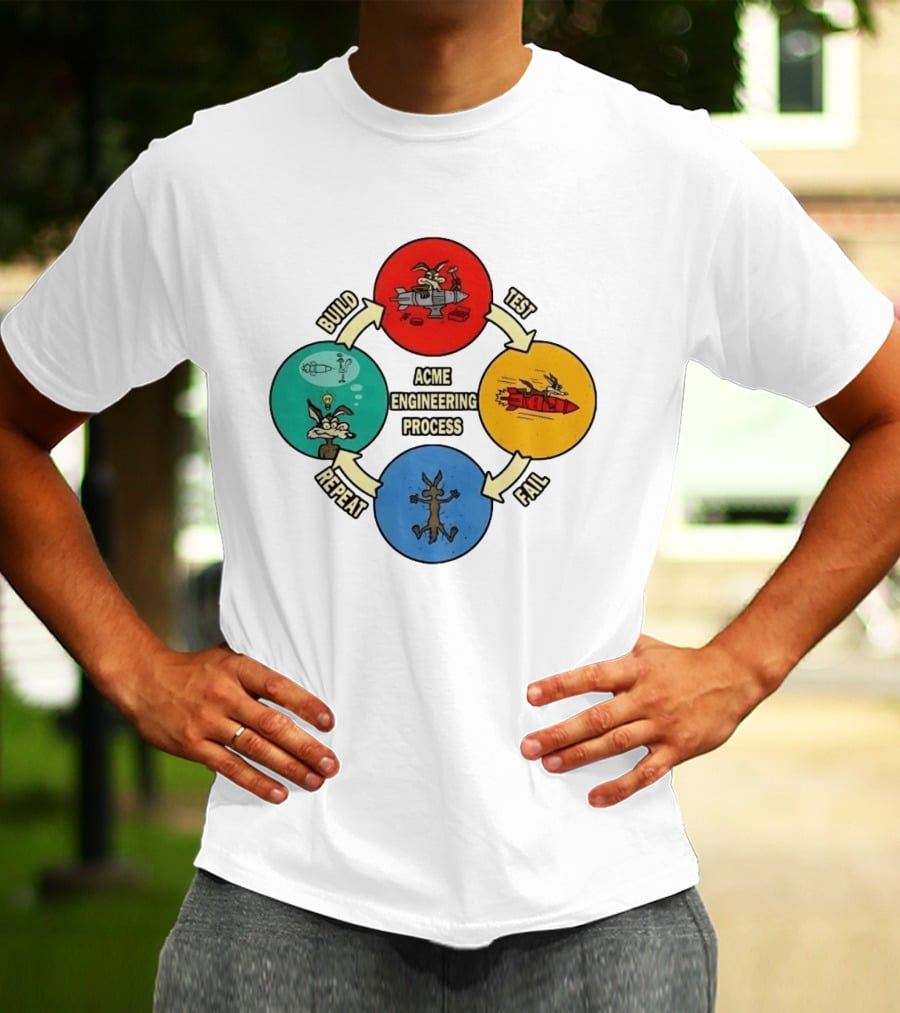 Wile E Coyote Acme Engineering Process Build Test Fail Repeat Cycle T-Shirt