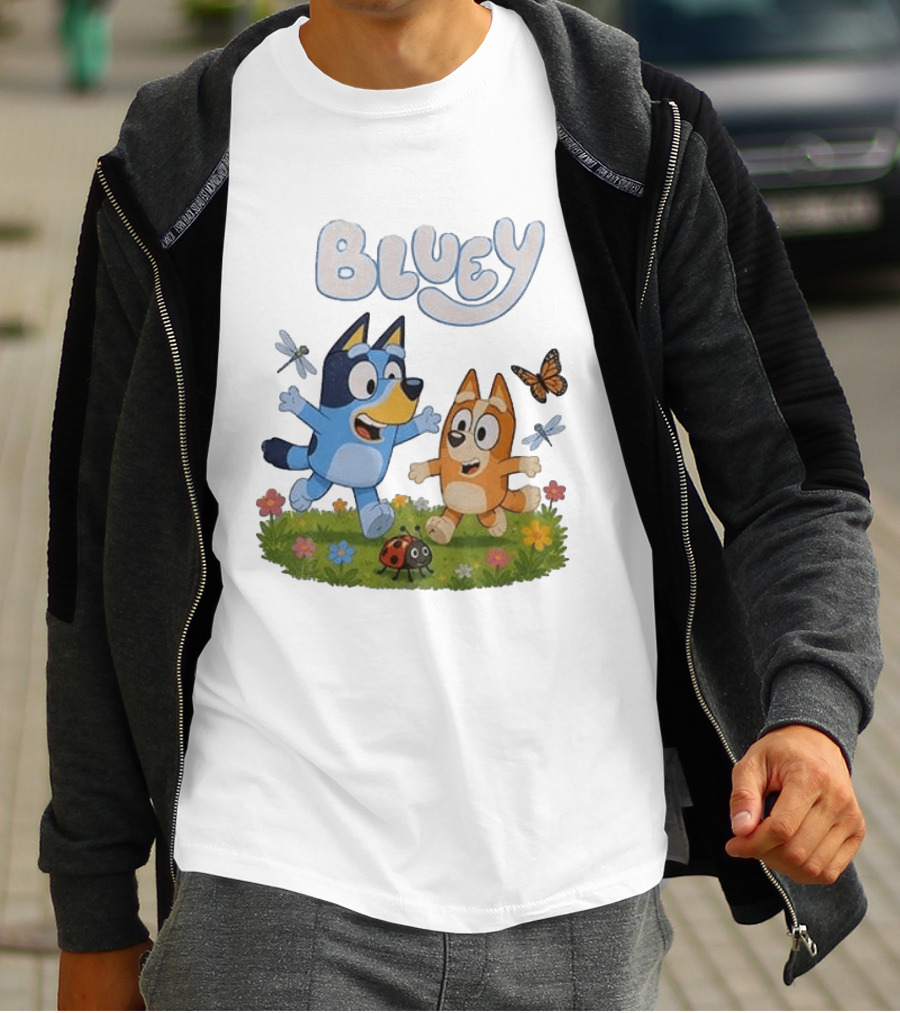 Bluey And Friends Playing With Bugs And Butterflies In The Meadow T-Shirt