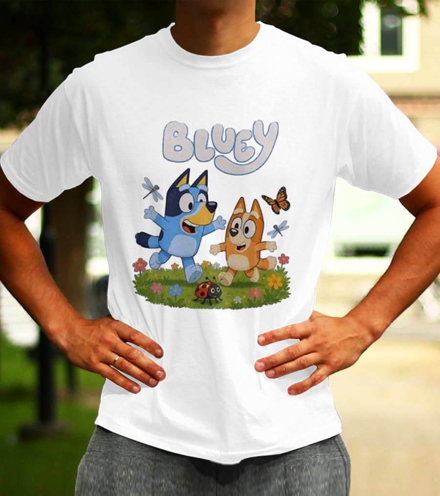 Bluey And Friends Playing With Bugs And Butterflies In The Meadow T-Shirt