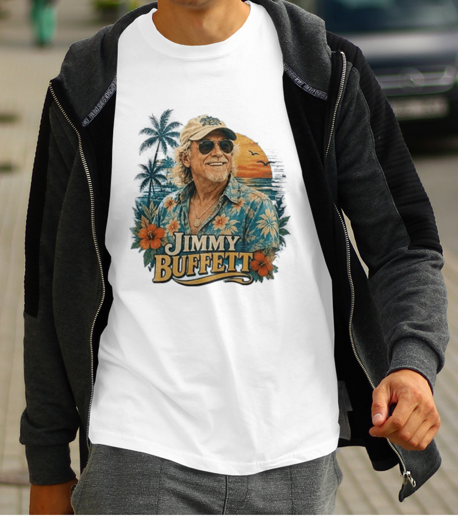 Jimmy Buffett Tropical Vibes Sunset And Palm Trees Floral T-Shirt